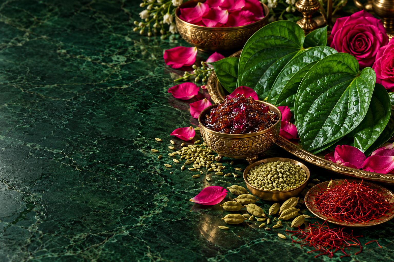 Royal Meetha Paan flavor inspiration: Paan leaf · Rose & gulkand · Fennel · Cardamom · Saffron